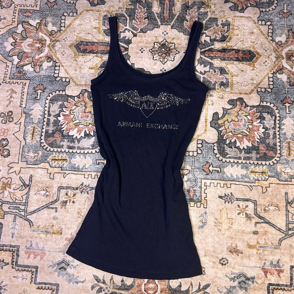 Y2K Armani Exchange AX Rhinestone Winged Heart Ribbed Tank Top Black Medium 00s
